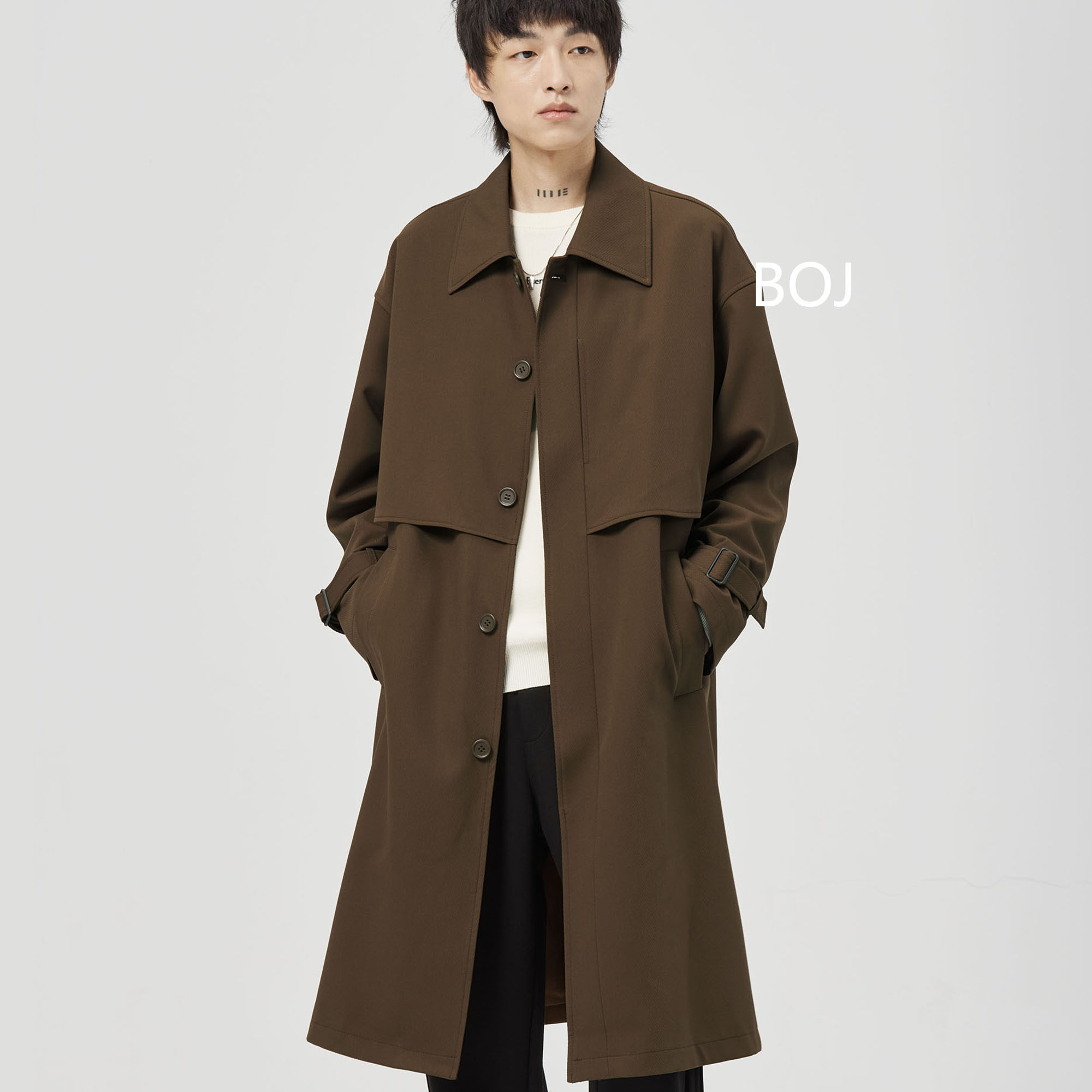boj环保面料双层叠片设计翻领斜纹肌理高级感抗皱男士长款风衣