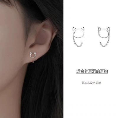 999足银猫咪耳钩女养耳洞耳钉睡觉免摘小众百搭耳环耳骨钉耳饰品