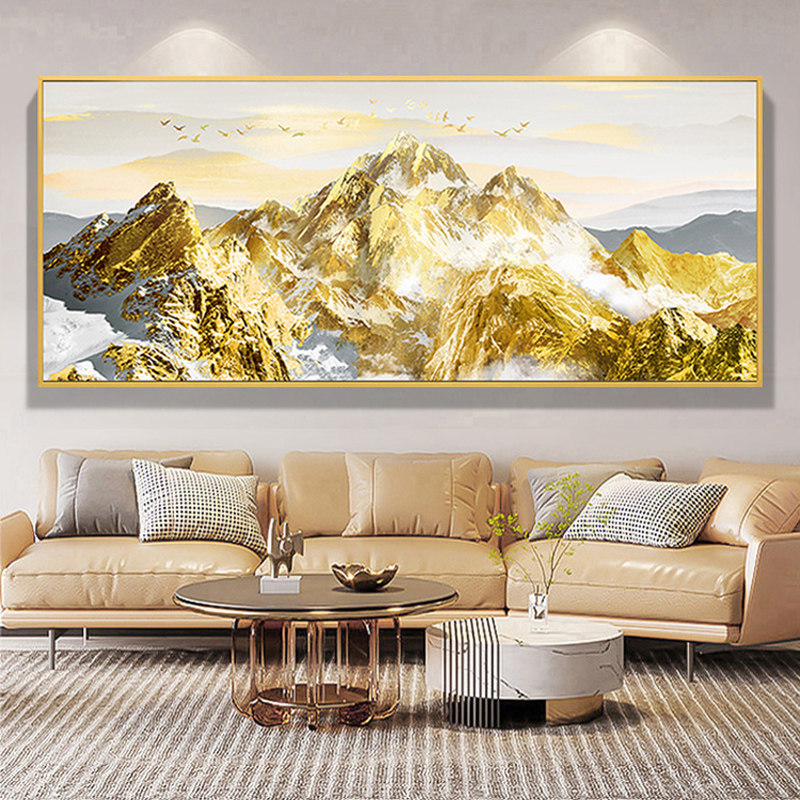 手绘油画简约客厅装饰画轻奢沙发背景壁画横幅挂画金箔立体画金山