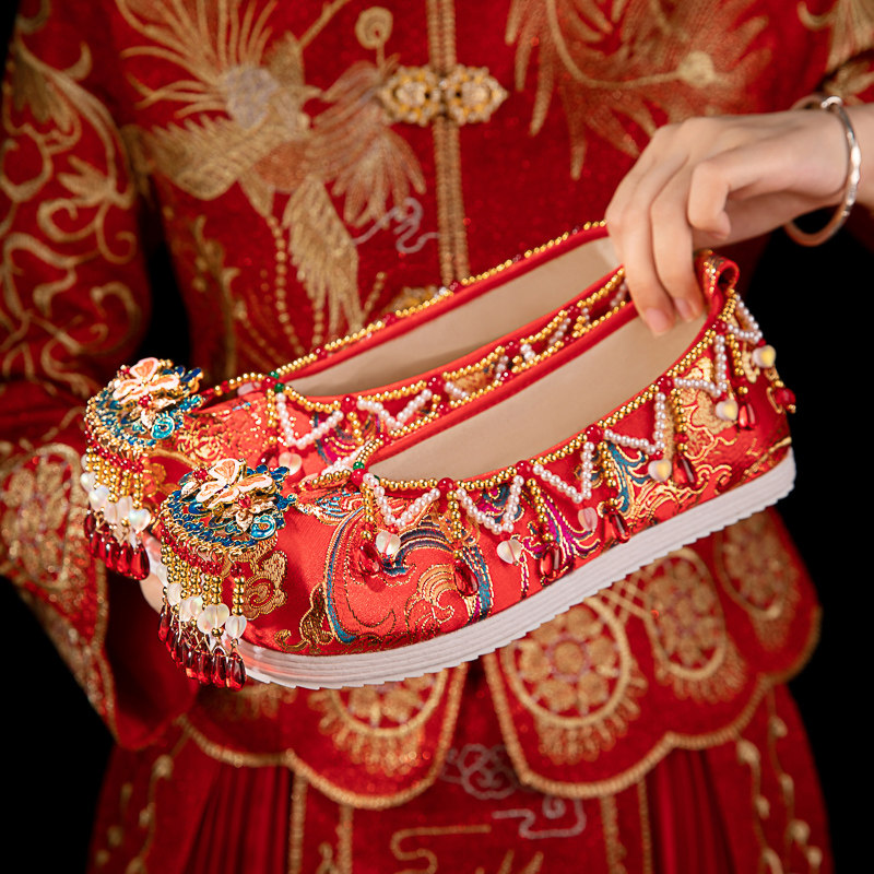 婚鞋新娘鞋不累脚女2024新款结婚红色秀禾平底鞋子中式汉服绣花鞋,女鞋,婚鞋,淘宝优惠券,粉丝福利购,淘宝优惠卷