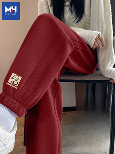 唐氏集团红裤女式2025新款春秋季运动裤冬季天鹅绒休闲打底裤运动