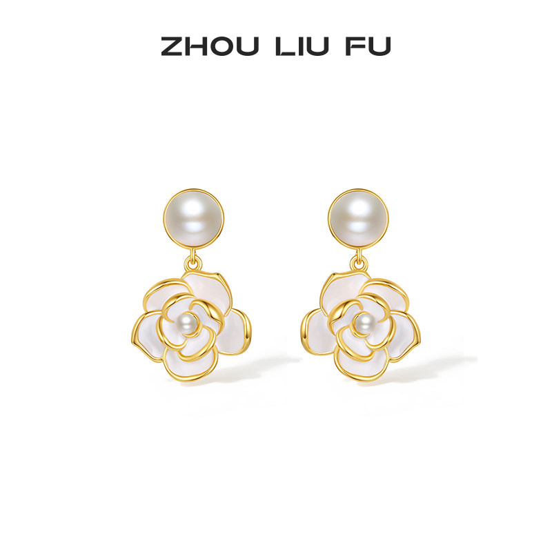 周六福饰品新中式山茶花珍珠耳饰女贝珠s925银耳畔花开送女友礼物