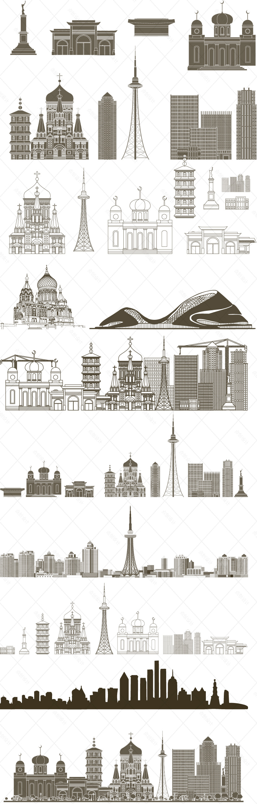 哈尔滨黑龙江城市建筑景点天际线旅游线描稿剪影插画图地标志素材