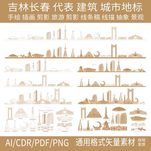 长春吉林天际线旅游线描建筑剪影地标志城市剪影景点插画设计素材