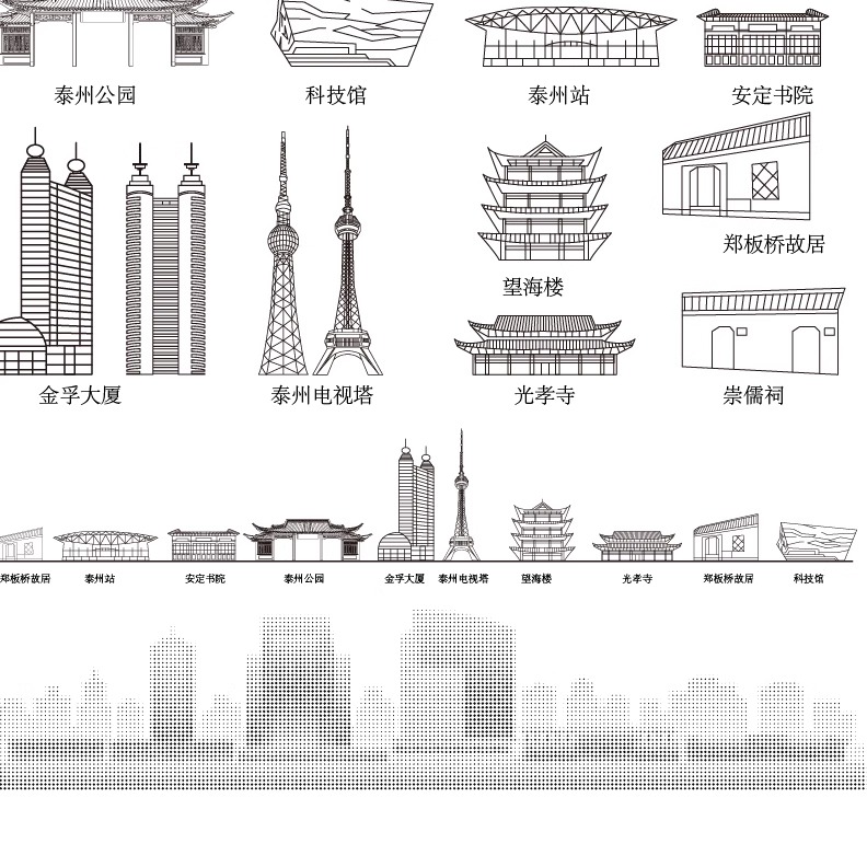 泰州江苏城市建筑天际线旅游线描稿剪影插画图地标志景点设计素材