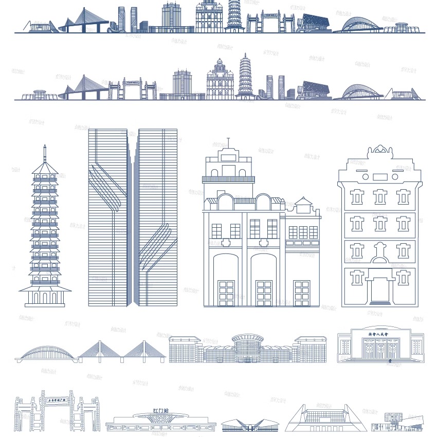 江门广东建筑城市地标志设计插画图景点剪影天际线旅游线描稿素材