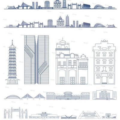 江门广东建筑城市地标志设计插画图景点剪影天际线旅游线描稿素材