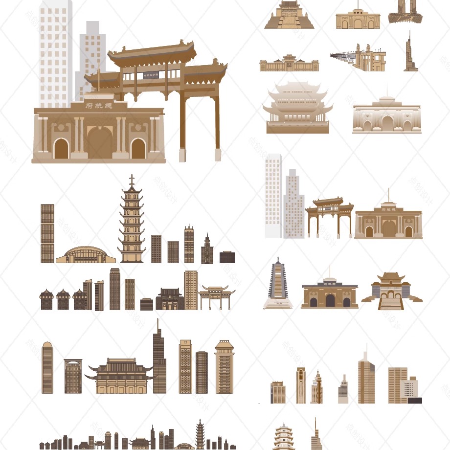 南京江苏城市地标志天际线旅游线描稿剪影插画图建筑设计景点素材