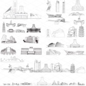 南宁广西城市建筑天际线旅游线描稿插画图剪影地标志景点设计素材