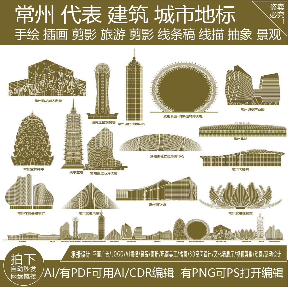 常州江苏景点天际线旅游线描稿城市建筑地标志剪影插画图手绘素材