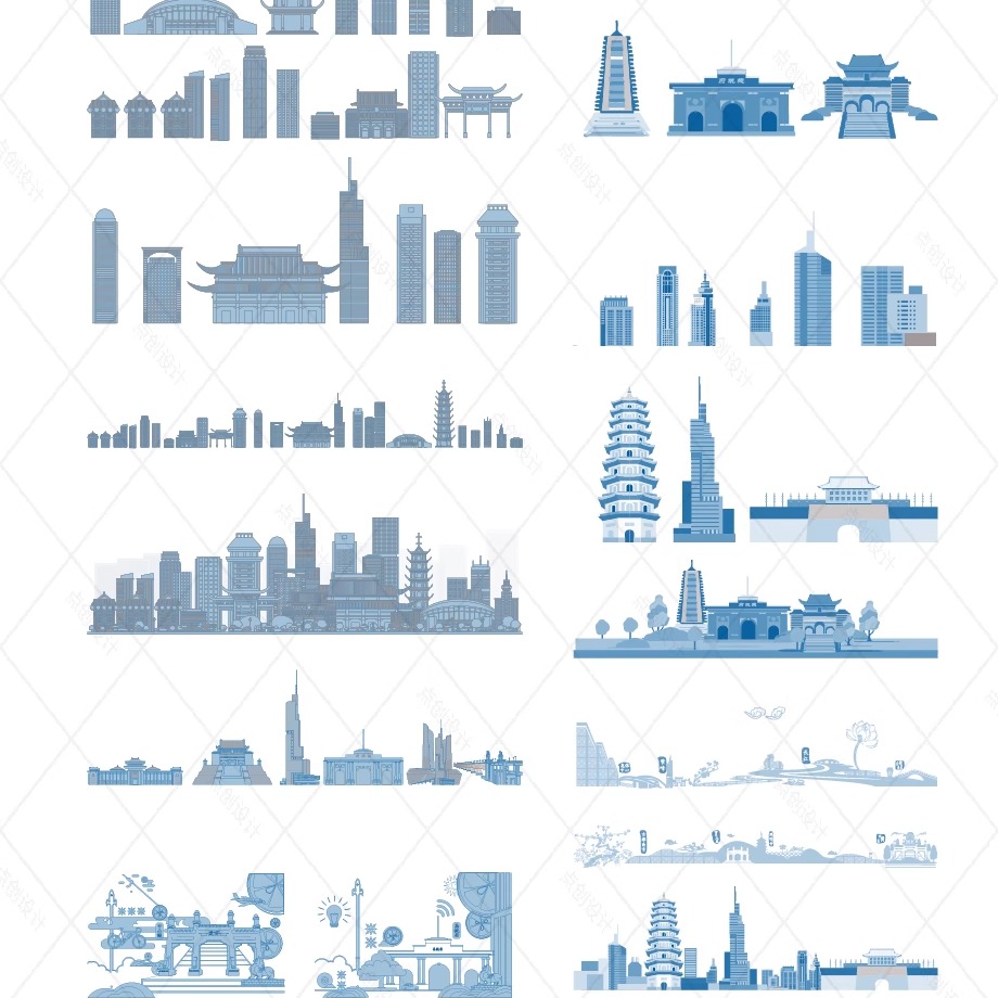 南京江苏城市地标志建筑天际线旅游线描稿插画图景点剪影设计素材