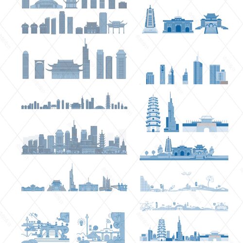 南京江苏城市地标志建筑天际线旅游线描稿插画图景点剪影设计素材
