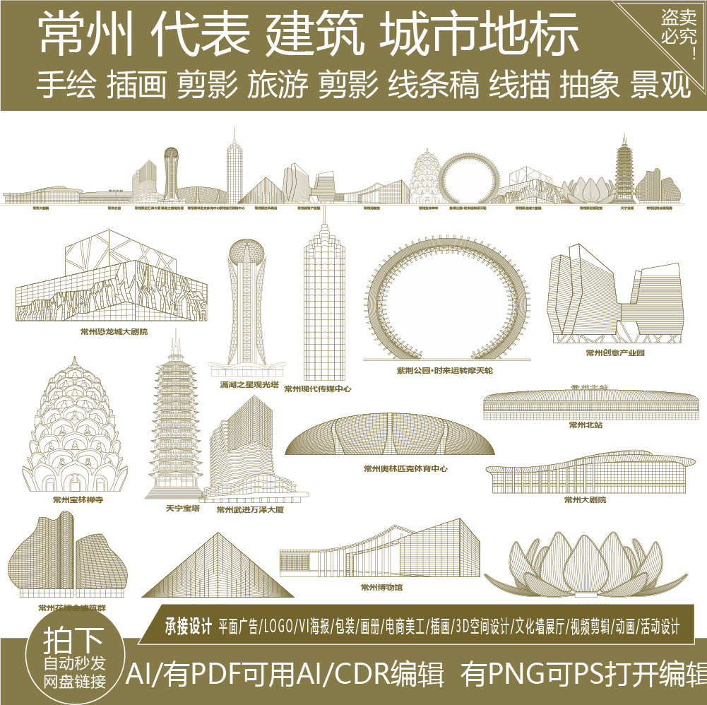 常州江苏景点天际线旅游线描稿建筑城市地标志剪影插画图手绘素材