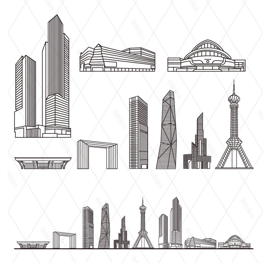 石家庄河北天际线旅游线描稿城市建筑地标志插画图剪影景点素材