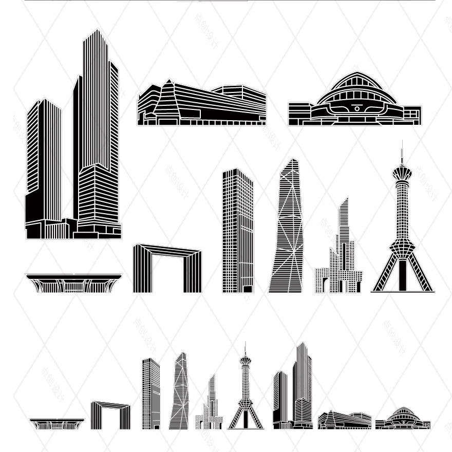 石家庄河北天际线旅游线描稿城市景点建筑地标志插画图剪影素材