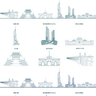 南京江苏城市建筑地标志天际线旅游线描稿剪影设计景点插画图素材