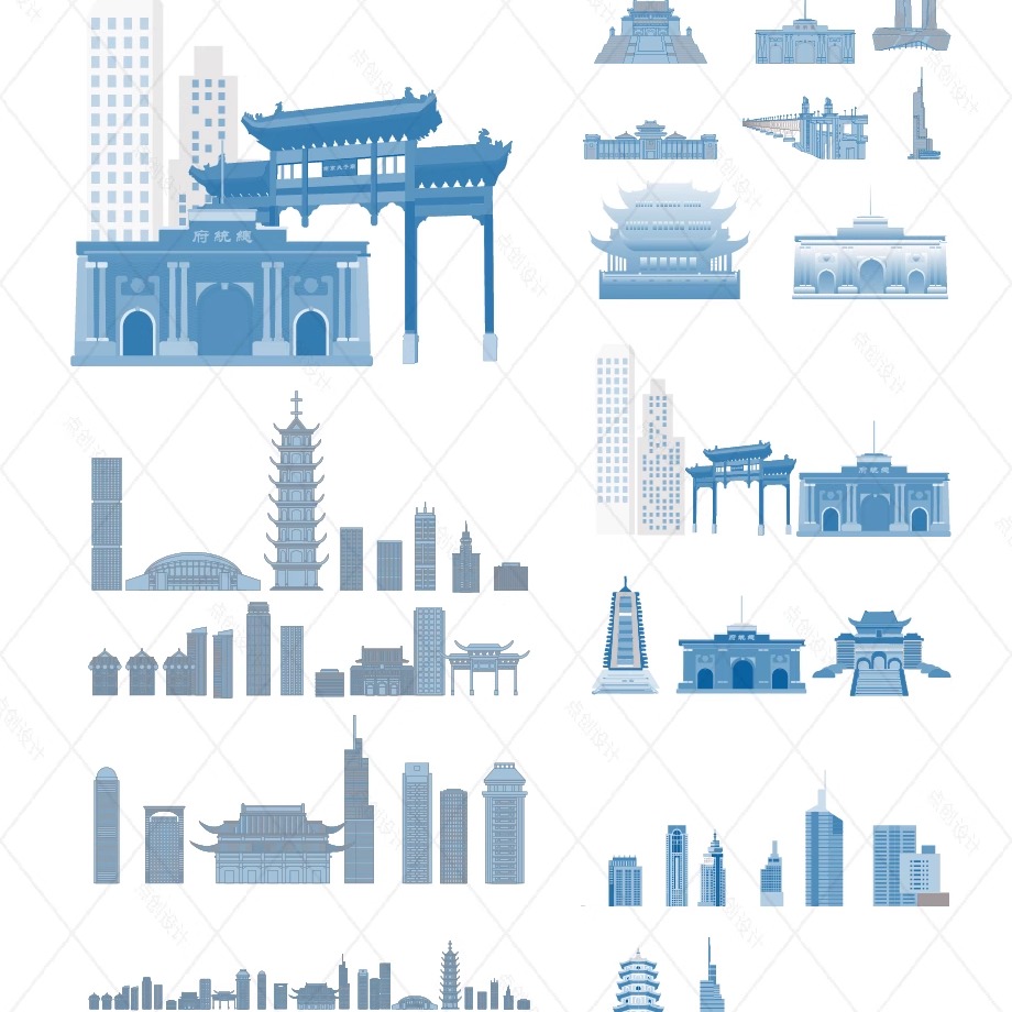 南京江苏城市建筑地标志天际线旅游线描稿剪影设计插画图景点素材