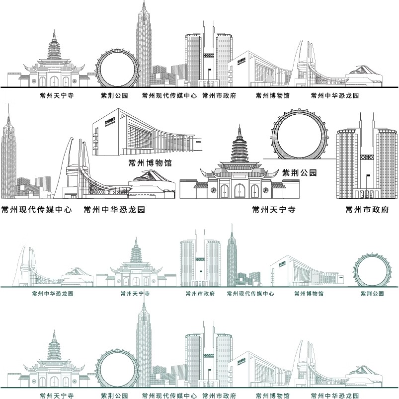 常州江苏天际线建筑旅游线描景点剪影剪影设计插画城市地标志素材