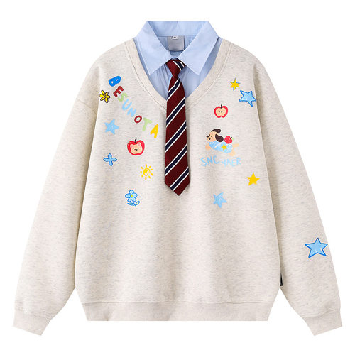 cuwu卡通小狗印花假两件POLO领卫衣男女秋季学院风套头宽松上衣