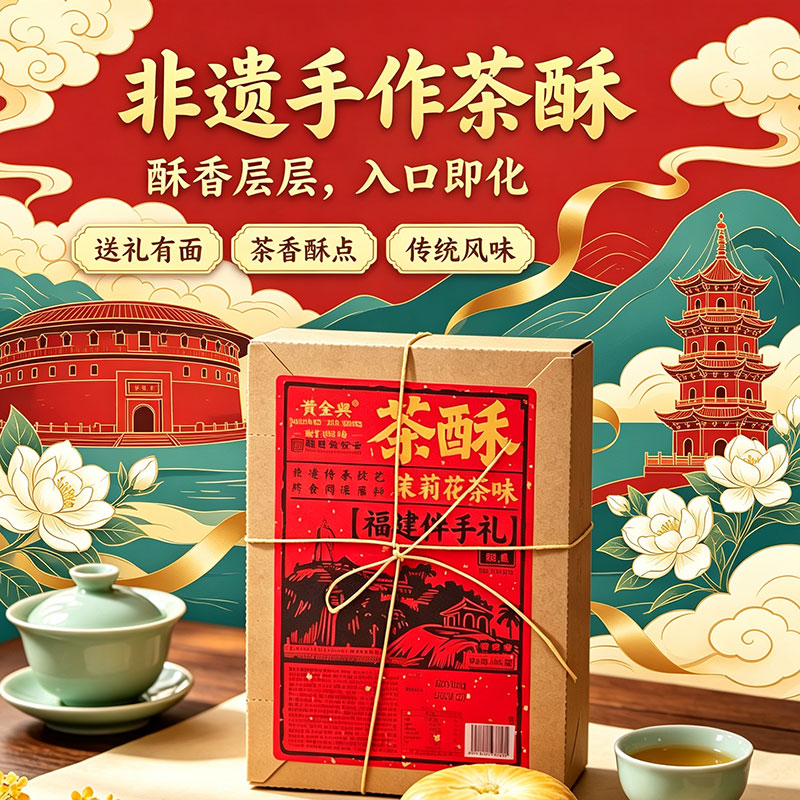 黄金兴非遗手作茶酥传统风味茶香酥层入囗即化糕点礼盒装