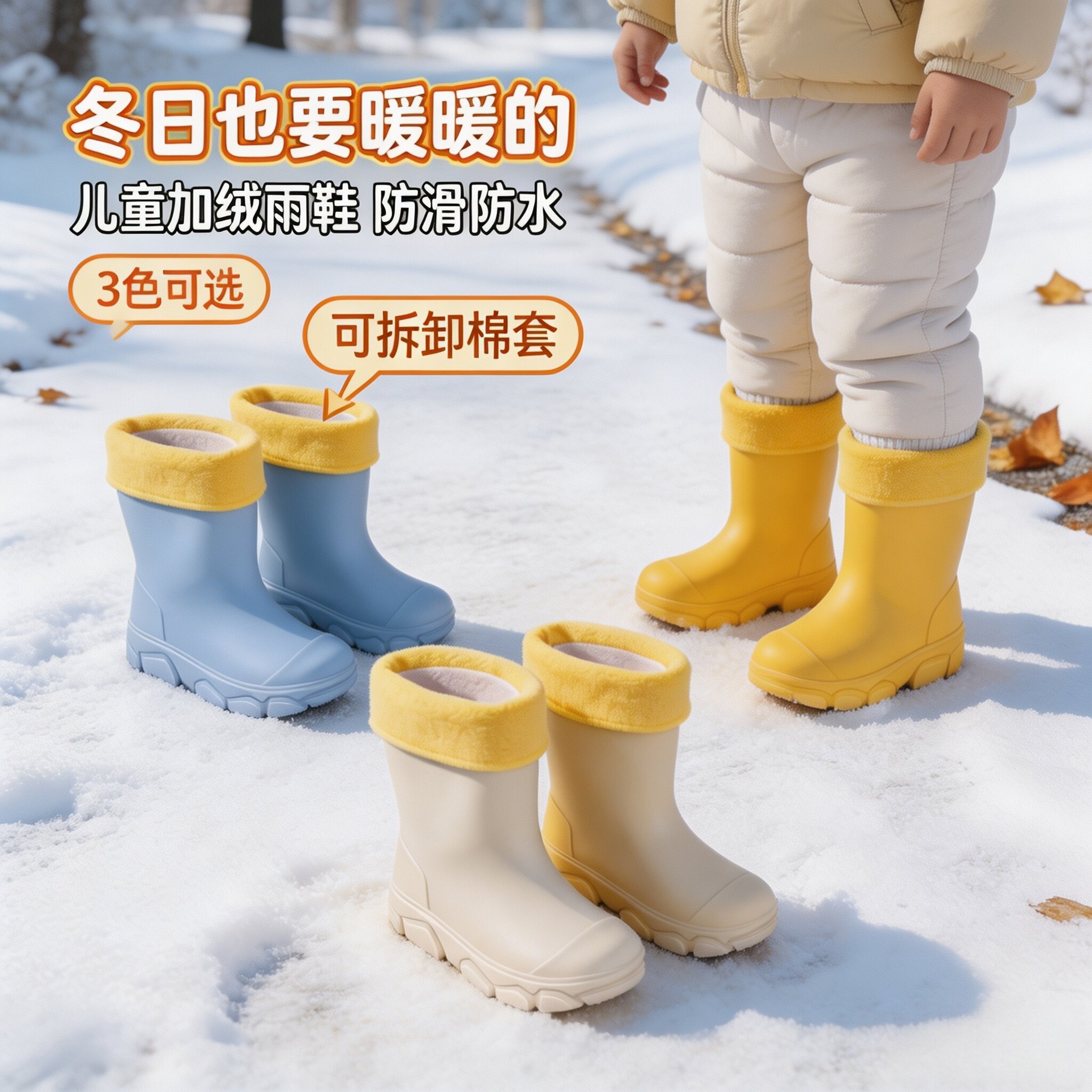 儿童雨鞋加厚棉套可拆卸男女童小孩防滑耐磨中大童赶海玩水幼儿园