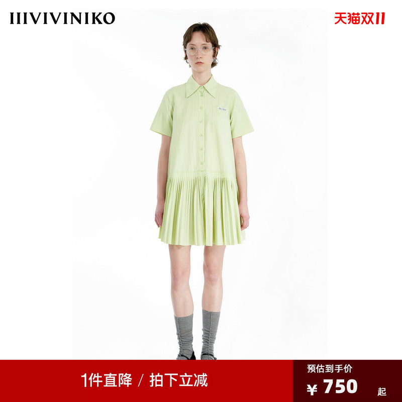 【细密压褶工艺】IIIVIVINIKO秋新款学院风衬衫领A字连衣裙女