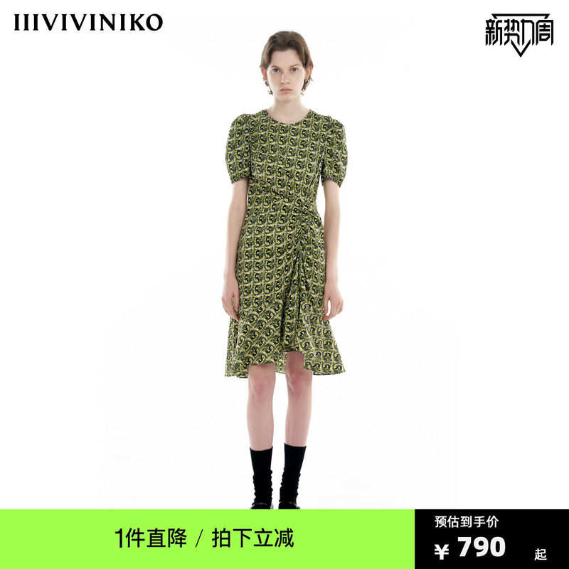 IIIVIVINIKO2024秋新款桑蚕丝不规则抽褶鱼尾连衣裙女R430641129A图片