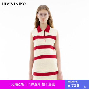 【仿手钩针织】IIIVIVINIKO夏季新款宽松条纹polo背心上衣女