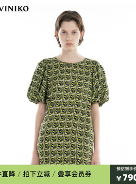 IIIVIVINIKO2024秋新款复古桑蚕丝泡泡袖直筒连衣裙女R430630129A