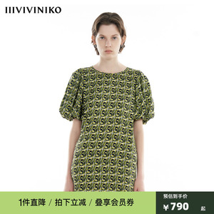 IIIVIVINIKO2024秋新款复古桑蚕丝泡泡袖直筒连衣裙女R430630129A