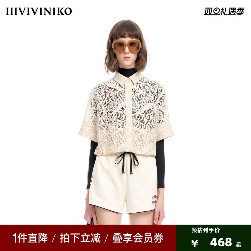IIIVIVINIKO2023夏新品箱型蕾丝短袖衬衫女M320449343D