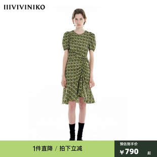 桑蚕丝不规则抽褶鱼尾连衣裙女R430641129A IIIVIVINIKO2024秋新款