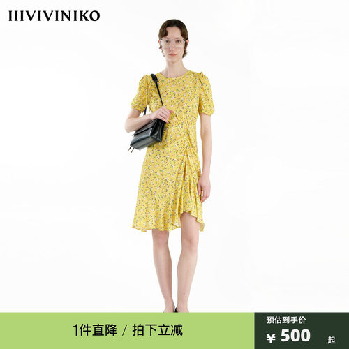 【限定古典花型】IIIVIVINIKO夏季新款抓褶碎花连衣裙子女
