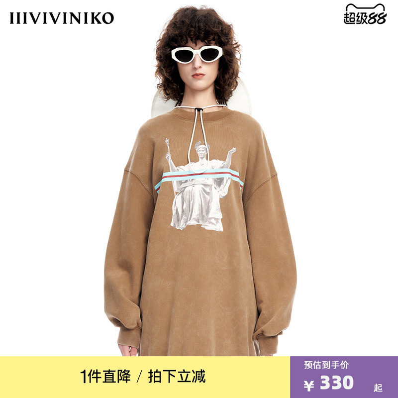 VVNK JANE PLUS 小众设计复古做旧男友风圆领廓形纯棉长款卫衣