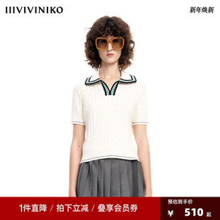 绞花翻领短袖 IIIVIVINIKO薇薏蔻复古时髦修身 针织衫 早春新品