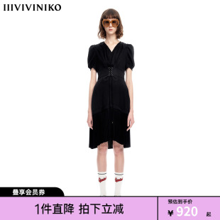 抽繩連衣裙 IIIVIVINIKO薇薏蔻氣質(zhì)甜酷小黑裙泡泡袖 早春新品