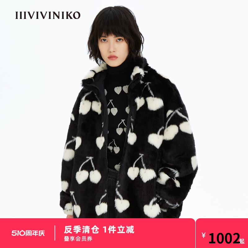 【SQUASH系列】IIIVIVINIKO冬季樱桃提花拉链环保皮草外套 女装/女士精品 皮草 原图主图