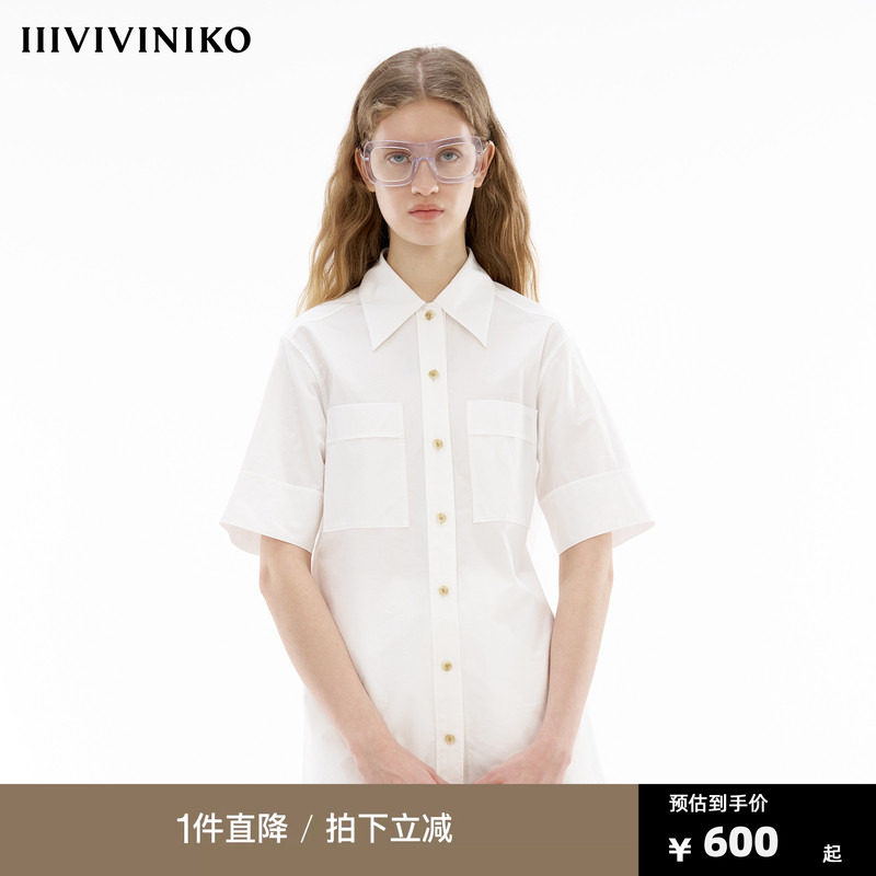【全棉高密府绸】IIIVIVINIKO夏季新款工装风收腰短袖衬衫女图片