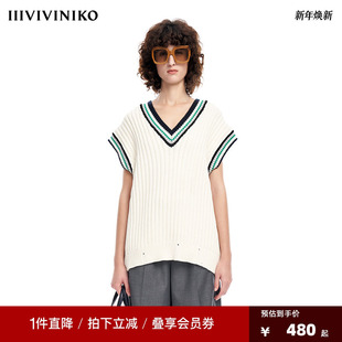 IIIVIVINIKO薇薏蔻英伦学院撞色V领慵懒廓形针织背心 早春新品