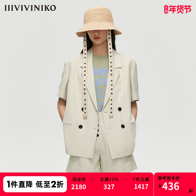 IIIVIVINIKO春夏短袖亚麻工装设计短款宽松西装外套女