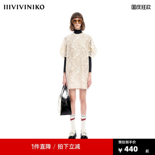 IIIVIVINIKO2023夏新品复古蕾丝6分袖连身裙女M320636343D