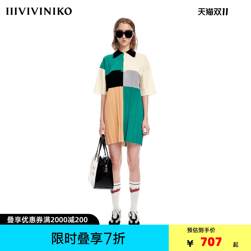 IIIVIVINIKO2023夏新品直身T恤感针织连身裙女M321116601D
