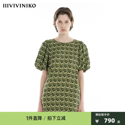 IIIVIVINIKO2024秋新款复古桑蚕丝泡泡袖直筒连衣裙女R430630129A