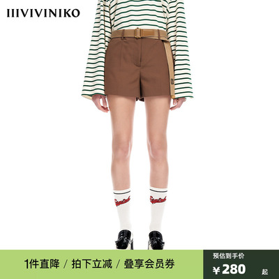【早春新品】IIIVIVINIKO薇薏蔻复古藏青色绵羊毛小A型休闲短裤女