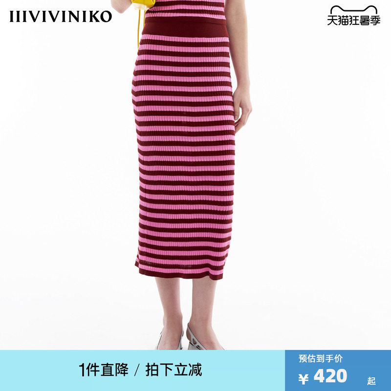 【丝光棉】IIIVIVINIKO春季新款多巴胺条纹微A型针织半身长裙女