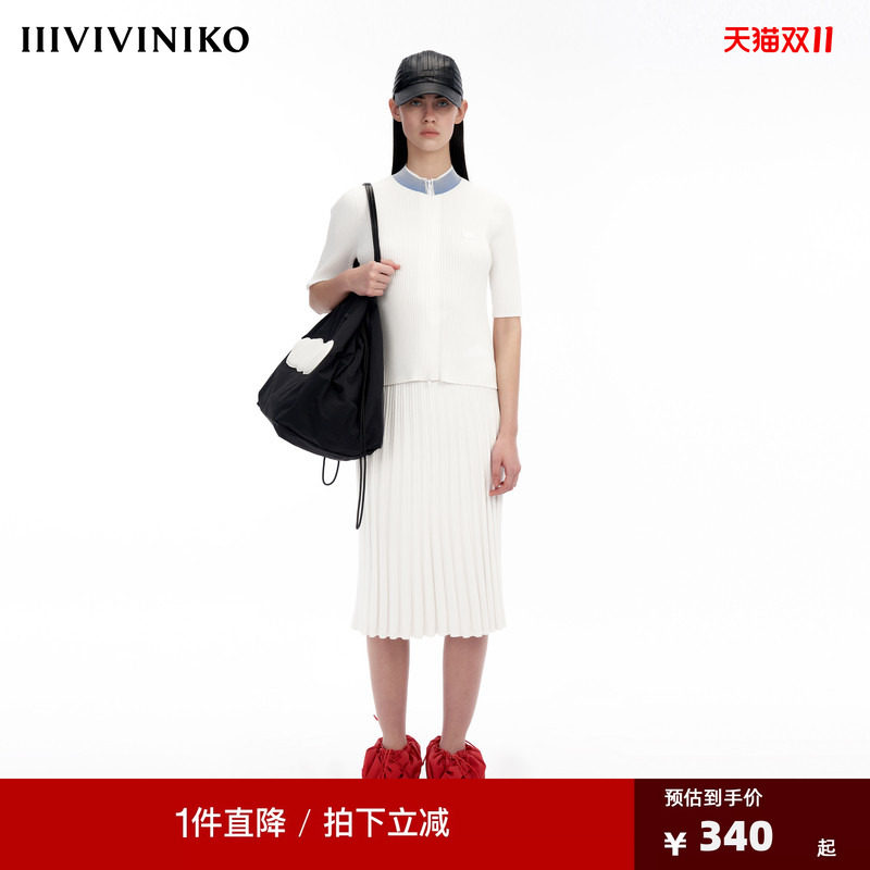 IIIVIVINIKO“科技面料”撞色小立领运动感针织开衫女M333719653A