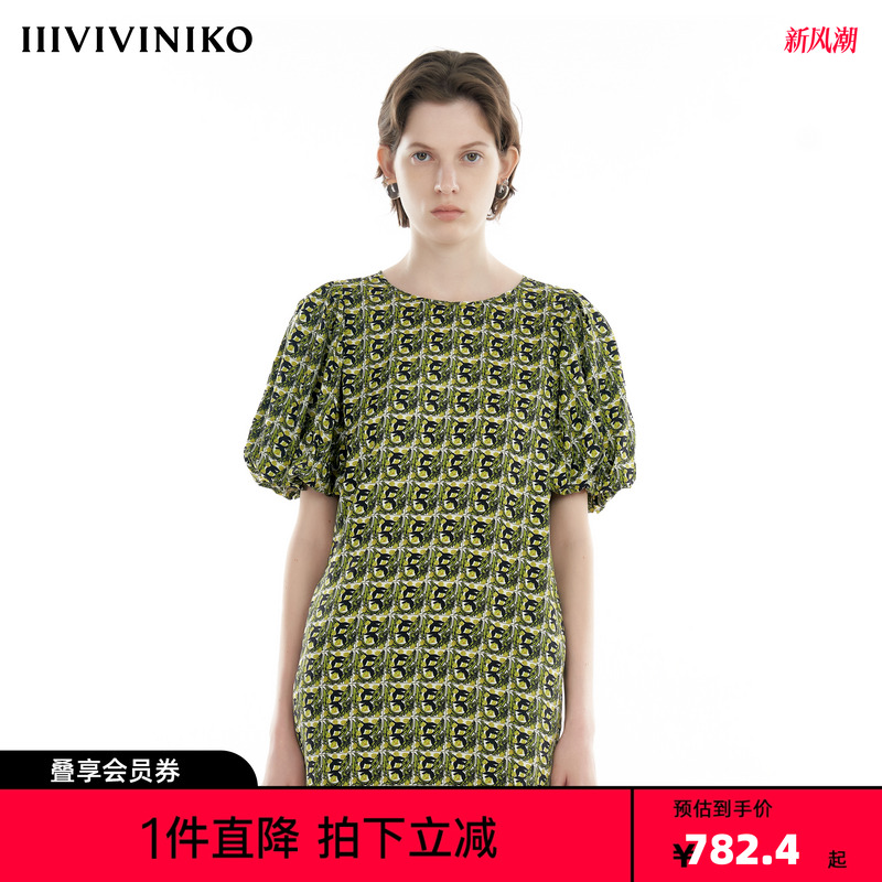 IIIVIVINIKO2024秋新款复古桑蚕丝泡泡袖直筒连衣裙女R430630129A