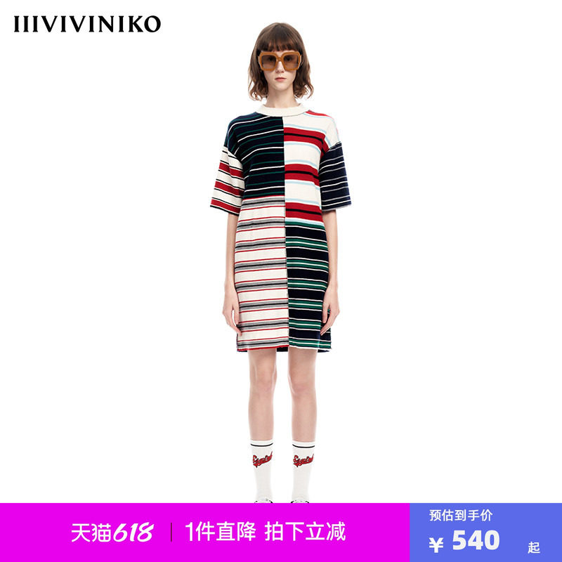 【早春新品】IIIVIVINIKO薇薏蔻纯绵羊毛拼色条纹慵懒针织连衣裙
