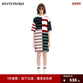 早春新品 IIIVIVINIKO薇薏蔻纯绵羊毛拼色条纹慵懒针织连衣裙