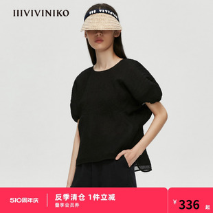 宽松泡泡袖 IIIVIVINIKO春夏新品 褶皱圆领上衣女M124008183D